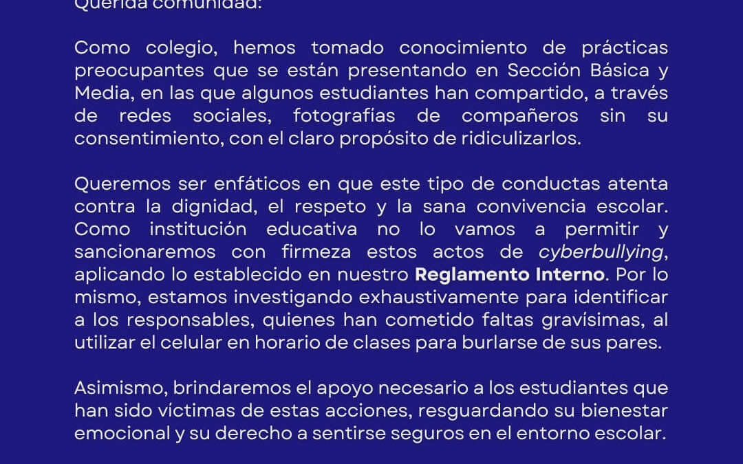Informativo respecto a la difusión de fotografías en redes sociales que afectan la moral y autoestima de los estudiantes.
