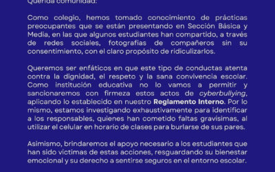 Informativo respecto a la difusión de fotografías en redes sociales que afectan la moral y autoestima de los estudiantes.
